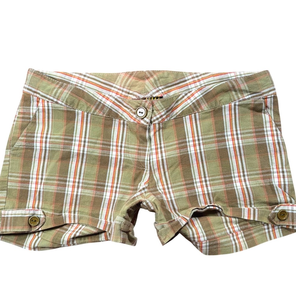 Vintage Hollidays Rule Plaid Low Rise Shorts Green Brown Y2K Retro Womens